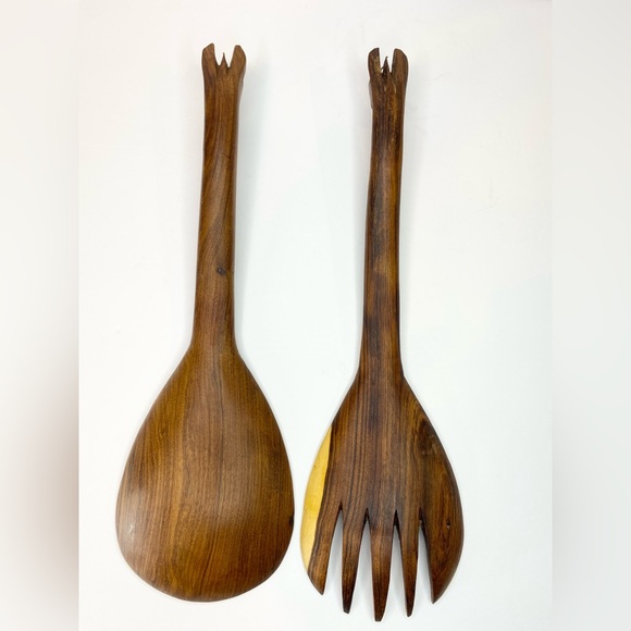 Vintage Teak Wood Salad Serving Spoon Fork African Carved Lama Wooden Animal Art - Picture 6 of 7
